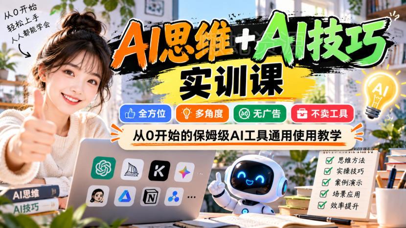 【无水印】AI思维+AI技巧实训课,全方位、多角度、无广告、不卖工具,从0开始的保姆级AI工具通用使用教学