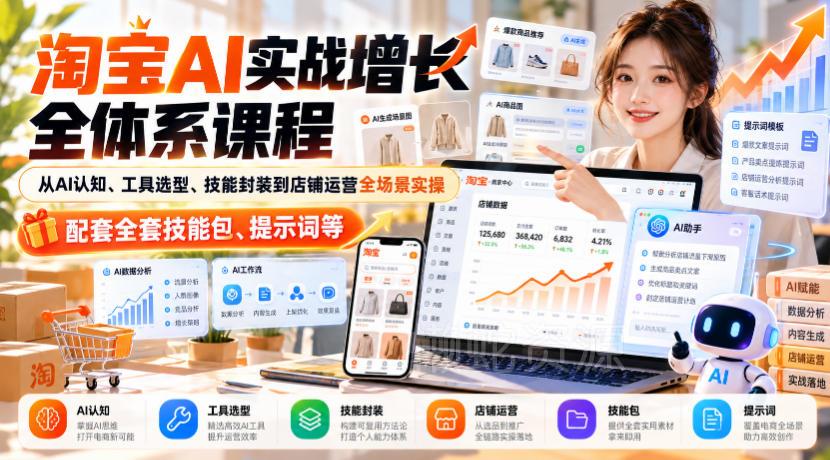 【无水印】淘宝AI实战增长全体系课程,从AI认知、工具选型、技能封装到店铺运营全场景实操,配套全套技能包、提示词等