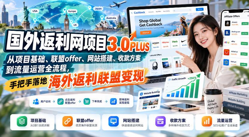 国外返利网项目3.0PLUS,从项目基础、联盟offer、网站搭建、收款方案到流量运营全流程,手把手落地海外返利联盟变现