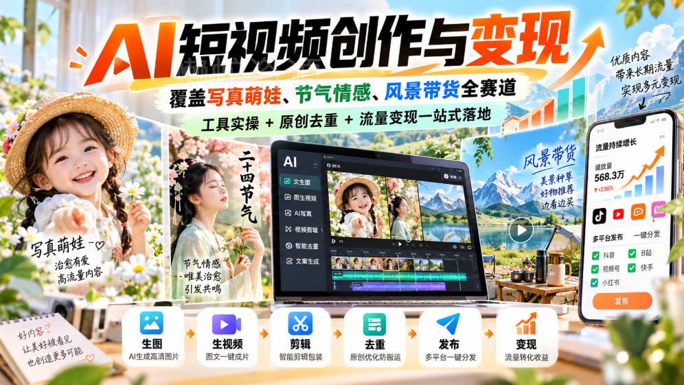 AI短视频创作与变现,覆盖写真萌娃、节气情感、风景带货全赛道,工具实操+原创去重+流量变现一站式落地