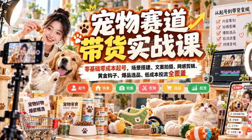 宠物赛道带货实战课,零基础零成本起号,场景搭建、文案拍摄、网感剪辑、黄金钩子、爆品选品、低成本投流全覆盖