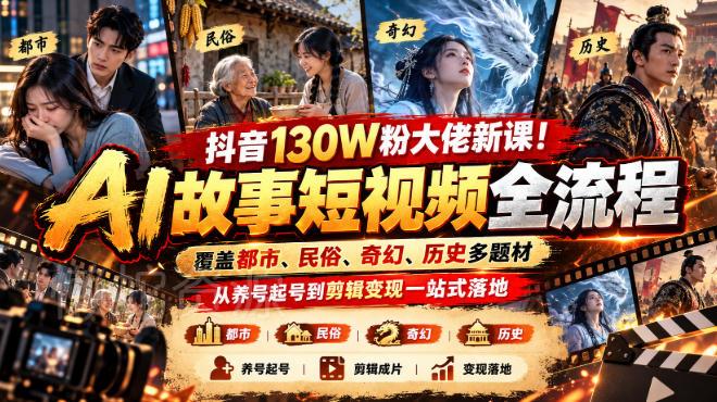 抖音130W粉大佬新课!AI故事短视频全流程,覆盖都市、民俗、奇幻、历史多题材,从养号起号到剪辑变现一站式落地