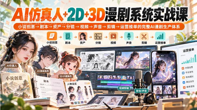 【无水印】AI仿真人+2D+3D漫剧系统实战课,小说创意→剧本→资产→分镜→视频→声音→剪辑→运营接单的完整AI漫剧生产体系