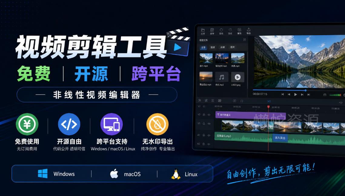 视频剪辑工具,免费、开源、跨平台,非线性视频编辑器,支持Windows、macOS、Linux,无水印、无订阅费用