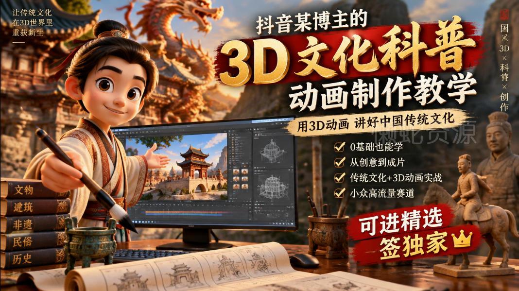 抖音某博主的3D文化科普动画制作教学，用3D动画呈现中国传统文化，可进精选签独家，单日收益1k+