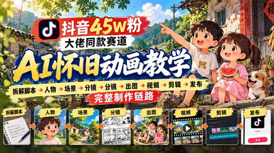 抖音45W粉大佬同款赛道AI怀旧动画实战课：拆解脚本→人物→场景→分镜→出图→视频→剪辑→发布完整制作链路