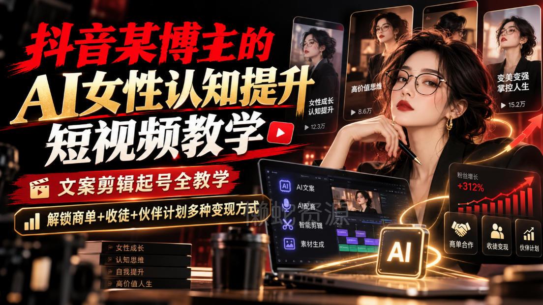 抖音某博主的Ai女性认知提升短视频教学，文案剪辑起号全教学，解锁商单+收徒+伙伴计划多种变现方式