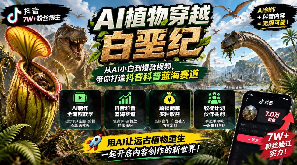 抖音7W粉丝博主的AI植物穿越白垩纪教学,抖音科普蓝海赛道,解锁商单收徒伙伴计划等多种收益