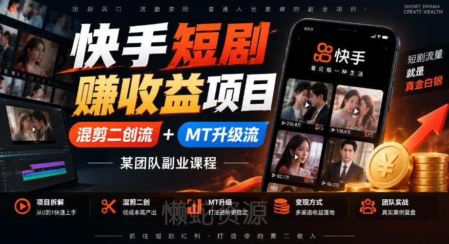 快手短剧賺收益项目,混剪二创流+MT升级流,某团队副业课程