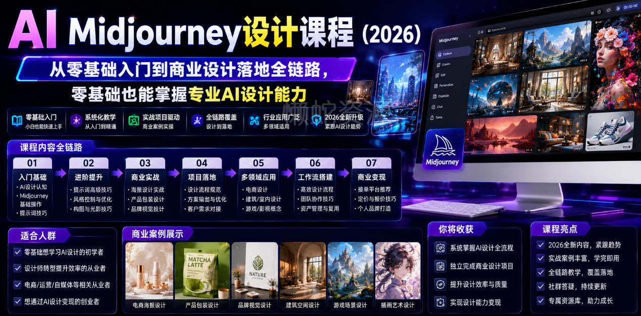 AI Midjourney设计课程(2026),从零基础入门到商业设计落地全链路,零基础也能掌握专业AI设计能力(更新1007)