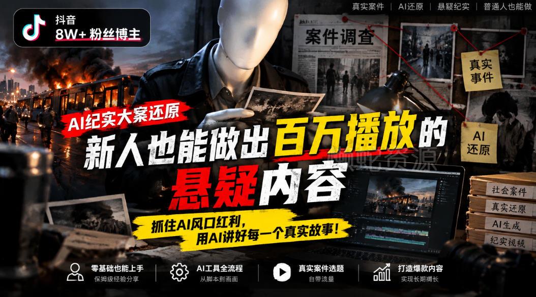抖音8W粉丝博主的AI纪实大案还原教学，新人也能做出百W播放的悬疑内容，抓住AI风口红利，用AI讲好每一个真实故事