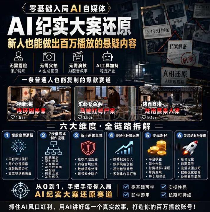 抖音8W粉丝博主的AI纪实大案还原教学，新人也能做出百W播放的悬疑内容，抓住AI风口红利，用AI讲好每一个真实故事