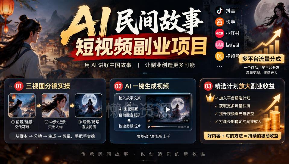 AI民间故事短视频副业项目,多平台流量分成,三视图分镜实操,精选计划放大副业收益