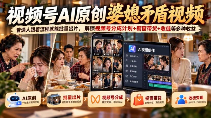 视频号ai原创婆媳矛盾视频，普通人跟着流程就能批量出片，解锁视频号分成计划+橱窗带货+收徒等多种收益