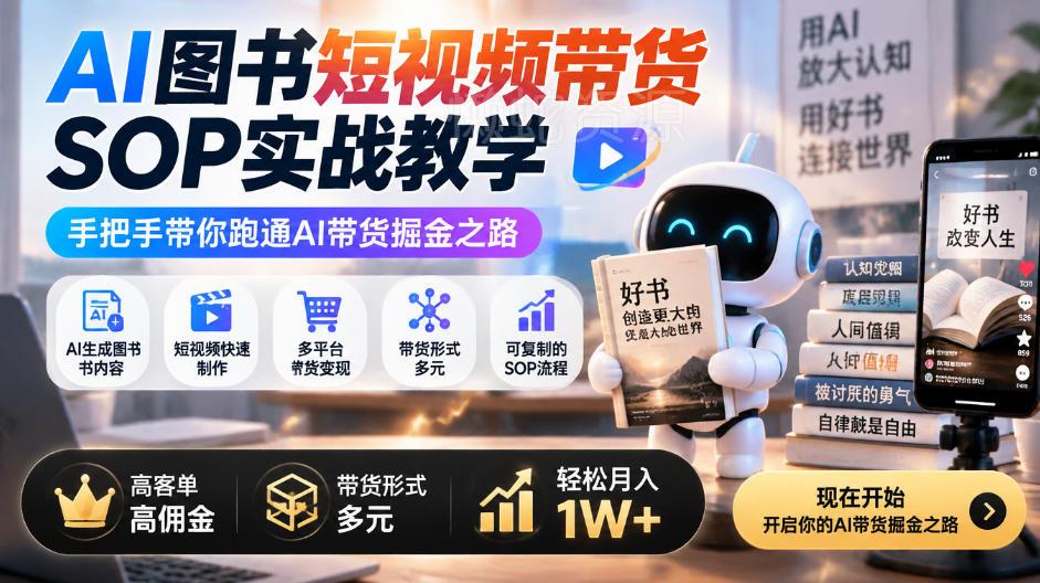AI图书短视频带货SOP实战教学,手把手带你跑通AI带货掘金之路,高客单高佣金,带货形式多元,轻松月入1W+