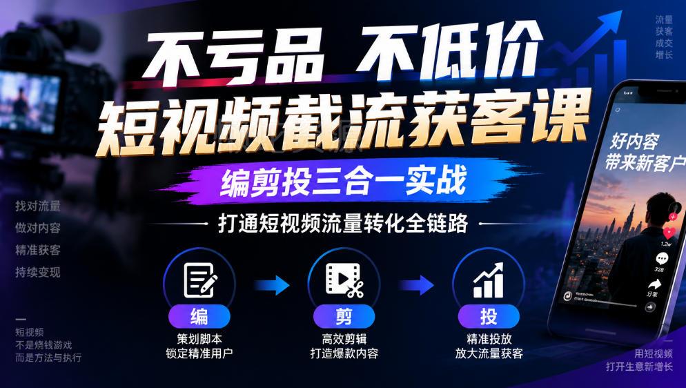 不亏品不低价短视频截流获客课,编剪投三合一实战,打通短视频流量转化全链路