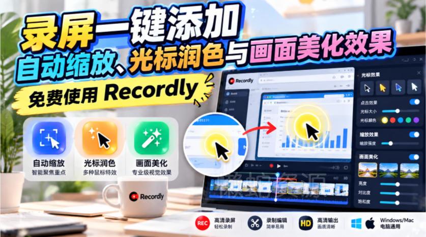 录屏一键添加自动缩放、光标润色与画面美化效果,免费使用Recordly