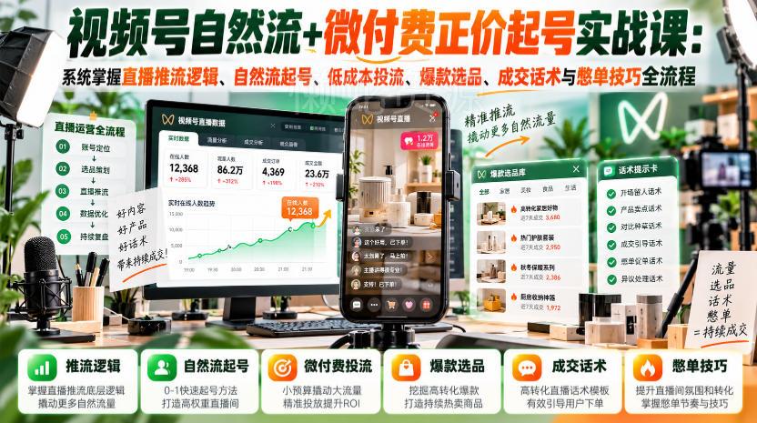 视频号自然流+微付费正价起号实战课:系统掌握直播推流逻辑、自然流起号、低成本投流、爆款选品、成交话术与憋单技巧全流程