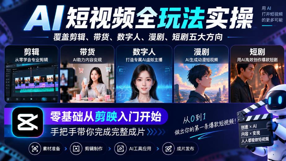 AI短视频全玩法实操,覆盖剪辑、带货、数字人、漫剧、短剧五大方向,零基础从剪映入门开始,手把手带你完成完整成片