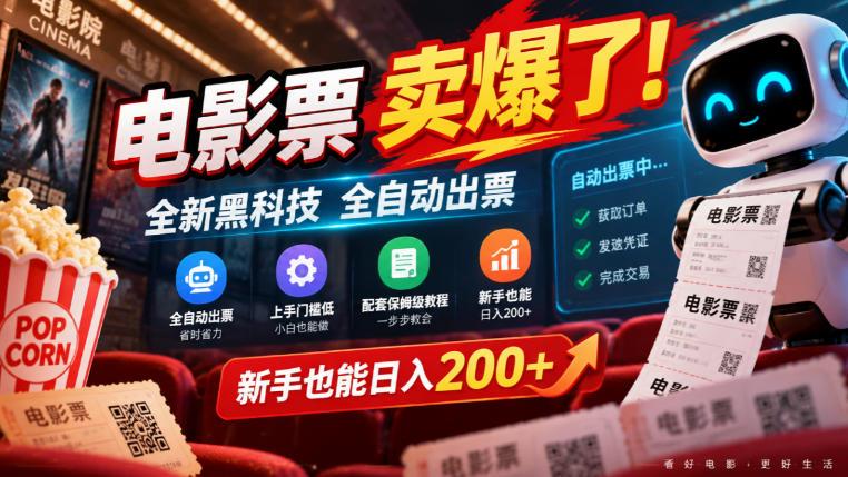 电影票卖爆了,全新黑科技全自动出票,上手门槛低,配套保姆级教程,新手也能日入200+【揭秘】