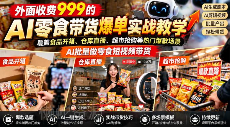 外面收费999的AI零食带货爆单实战教学,覆盖食品开箱、仓库直播、超市抢购等热门爆款场景,AI批量做零食短视频带货