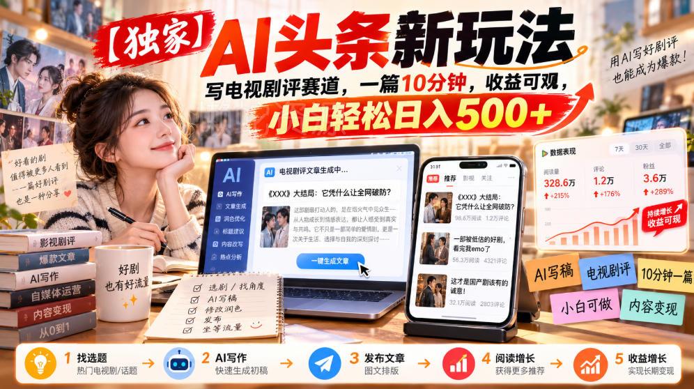 【独家】AI头条新玩法，写电视剧评赛道，一篇10分钟，收益可观，小白轻松日入500+