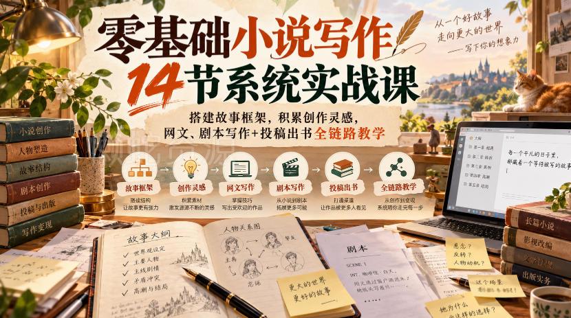 零基础小说写作14节系统实战课,搭建故事框架,积累创作灵感,网文、剧本写作+投稿出书全链路教学