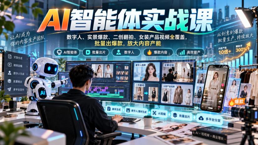 AI智能体实战课,数字人、实景爆款、二创翻拍、女装产品视频全覆盖,批量出爆款,放大内容产能