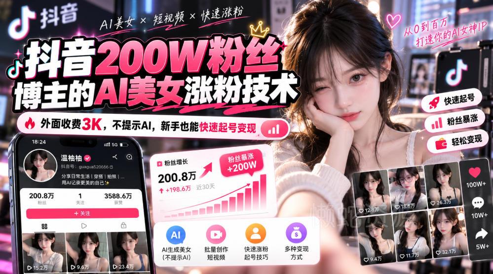 抖音200W粉丝博主的AI美女涨粉技术，外面收费3K，不提示AI，新手也能快速起号变现