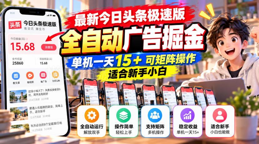 最新今日头条极速版全自动广告掘金,单机一天15+可矩阵操作适合新手小白