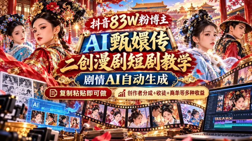 抖音83W粉博主AI甄嬛传二创漫剧短剧教学｜剧情AI自动生成，复制粘贴即可做，各大平台创作者分成+收徒等多种收益