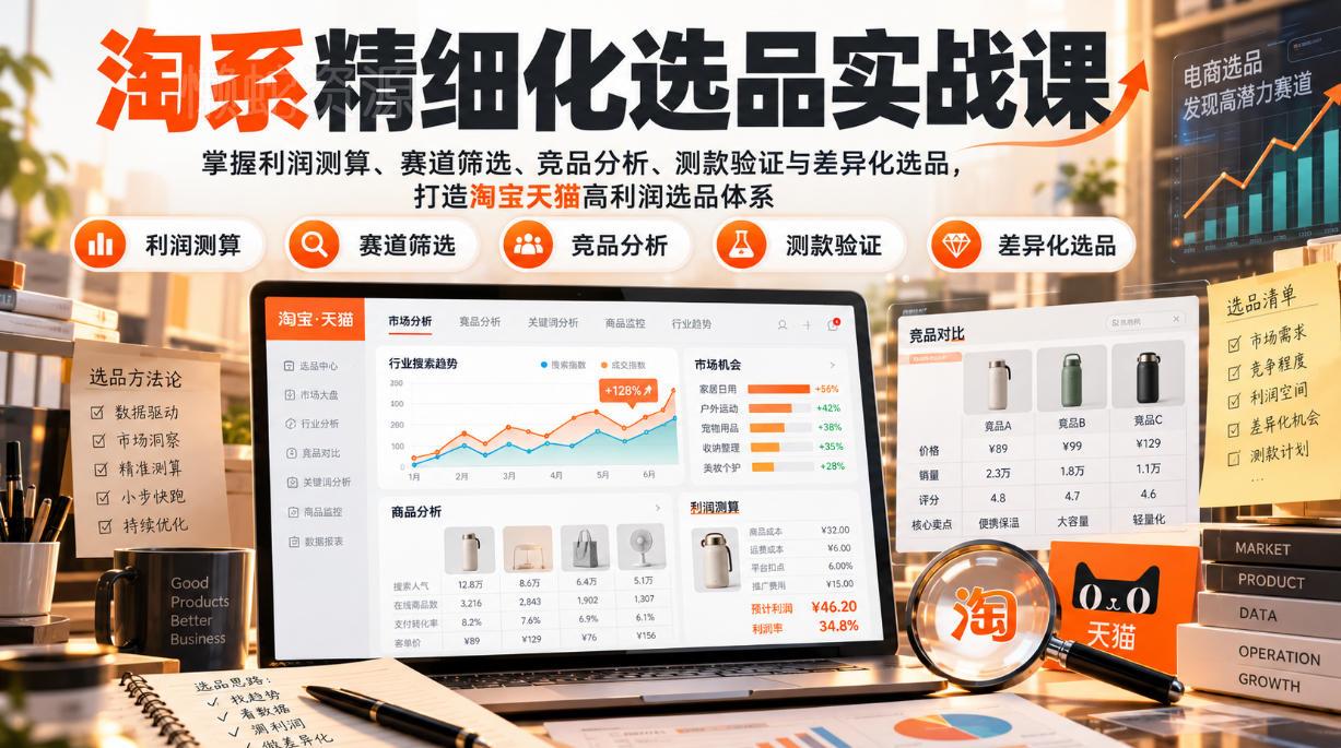 货架电商精细化选品实战课：掌握利润测算、赛道筛选、竞品分析、测款验证与差异化选品，打造淘宝天猫高利润选品体系