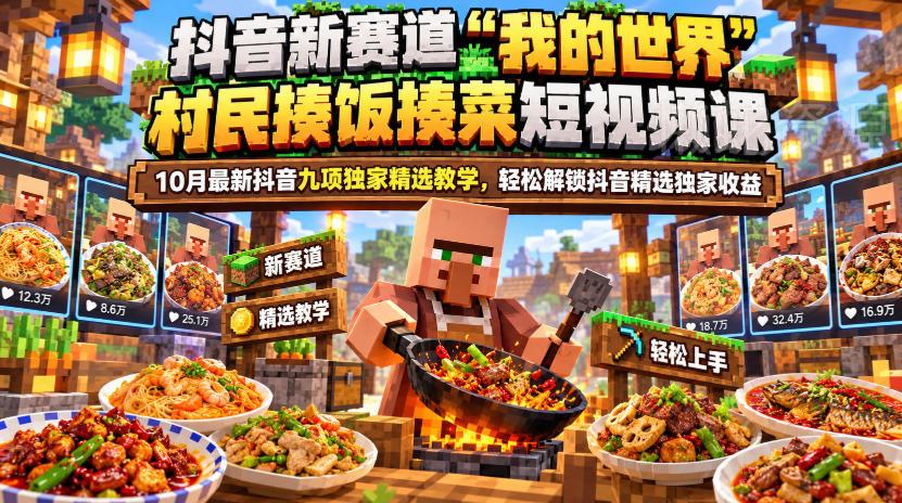 抖音新赛道“我的世界”村民揍饭揍菜短视频课,10月最新抖音九项独家精选教学,轻松解锁抖音精选独家收益
