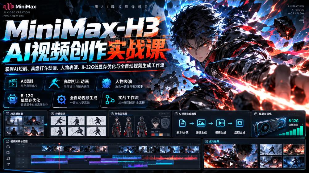 MiniMax-H3 AI视频创作实战课,掌握AI短剧、高燃打斗动画、人物表演、8-12G低显存优化与全自动视频生成工作流