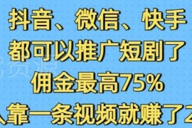 抖音微信快手均可做短剧推广 最高75%佣金单条视频可赚2万